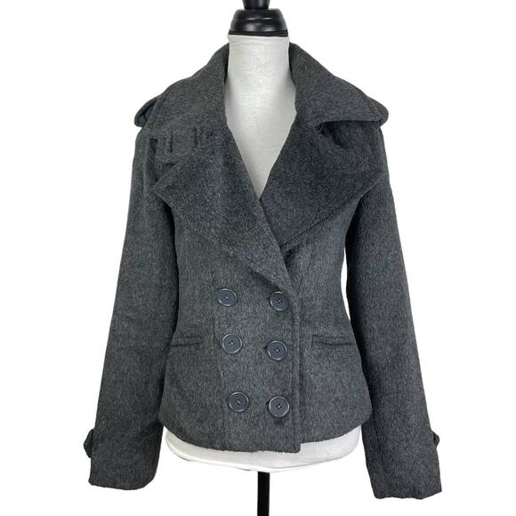Monoreno | Gray Fleece Button Front Large Collar Double Breasted Classic Peacoat - Picture 1 of 11